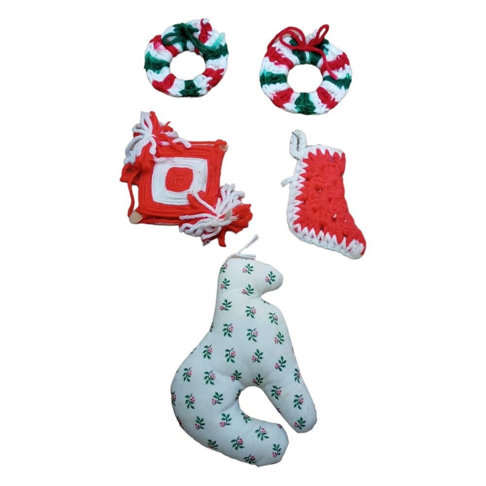 Vintage Handmade Christmas Ornaments Set 5pc Primitive Crochet Knit Fabric